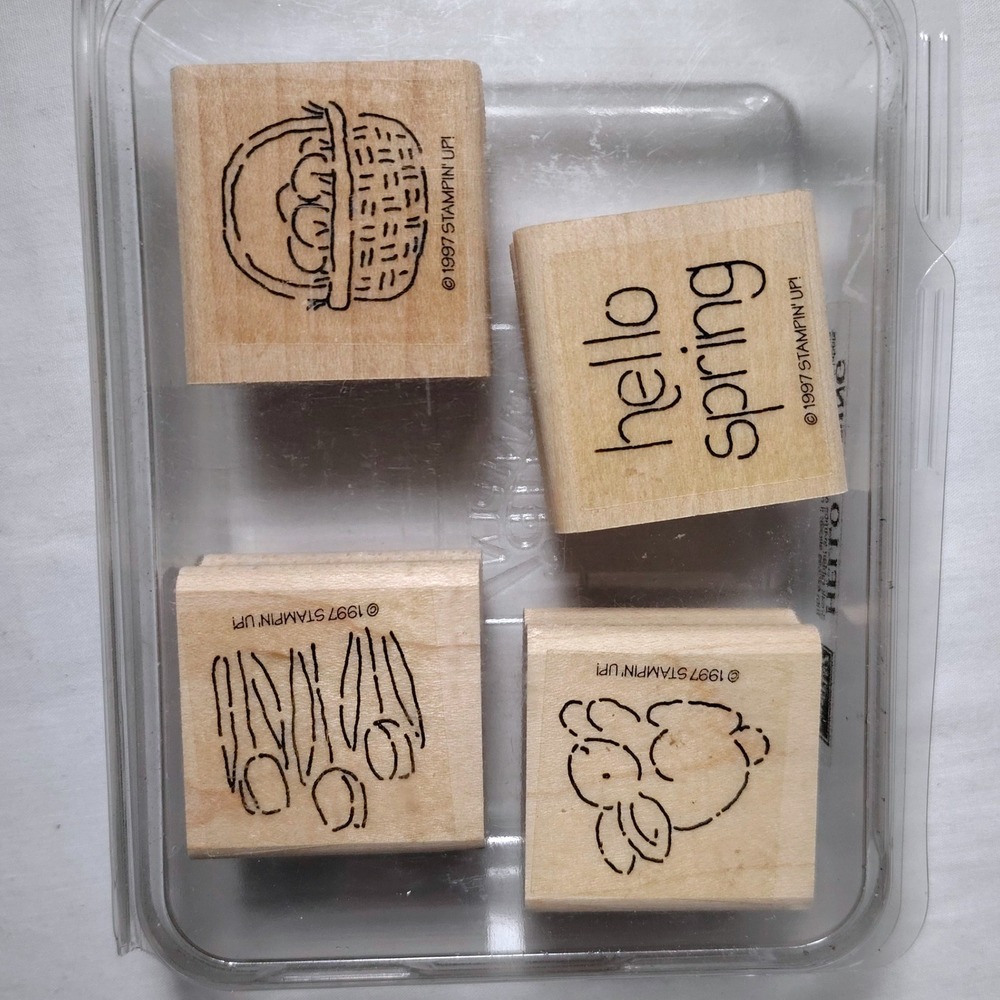 Vintage Stampin Up Wood Stamps Hello Spring Easter Bunny Basket Tulips Retired